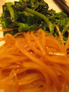 steamed greens, potato slivers