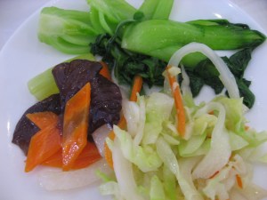 typical vegan selection. Steamed greens, mushrooms, steamed cabbage