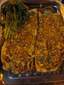 grilled aubergine stuffed with more aubergine and raw garlic, like, a lot. And I love garlic.