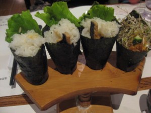 3 vegetarian eel & 1 sprout temaki sushi