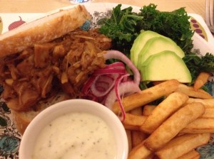 BBQ pulled-jack fruit on toasted sourdough with pickled onion, kale, fries and ranch dressing!